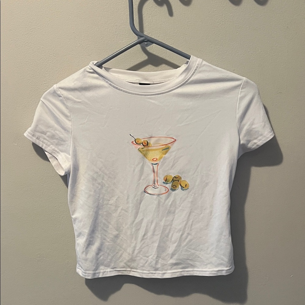 White Crop Top with Martini Graphic